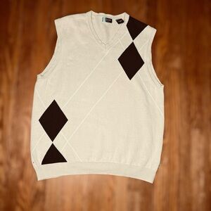 IZOD GOLF Argyle Sweater Sleeveless Vest Tan/Dark Forest Green 100% Cotton SZ:M